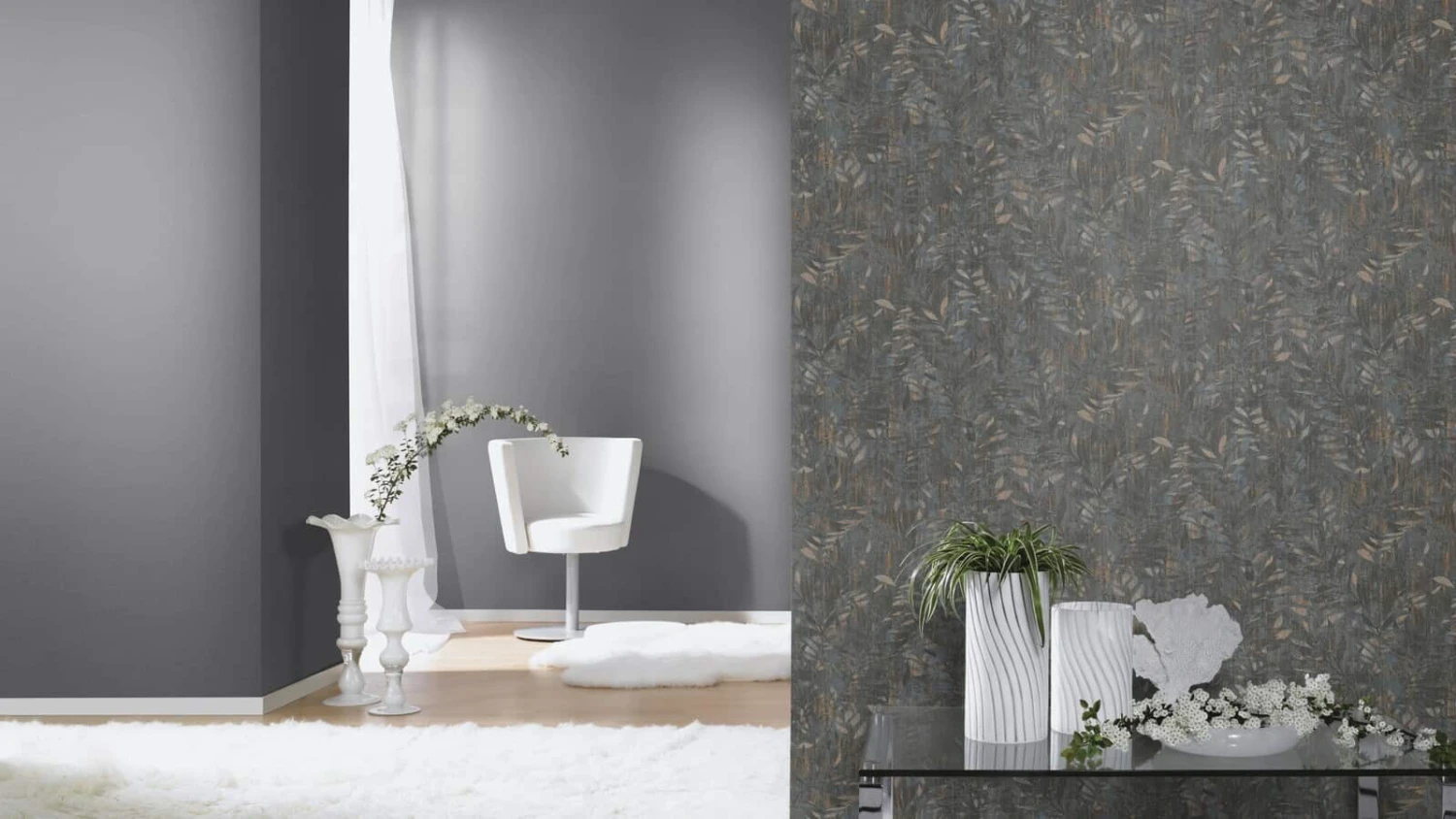 Tapete Barbara Home Collection Ranken Dunkelgrau-Gold 1 Tapete Barbara Home Collection Ranken Dunkelgrau-Gold