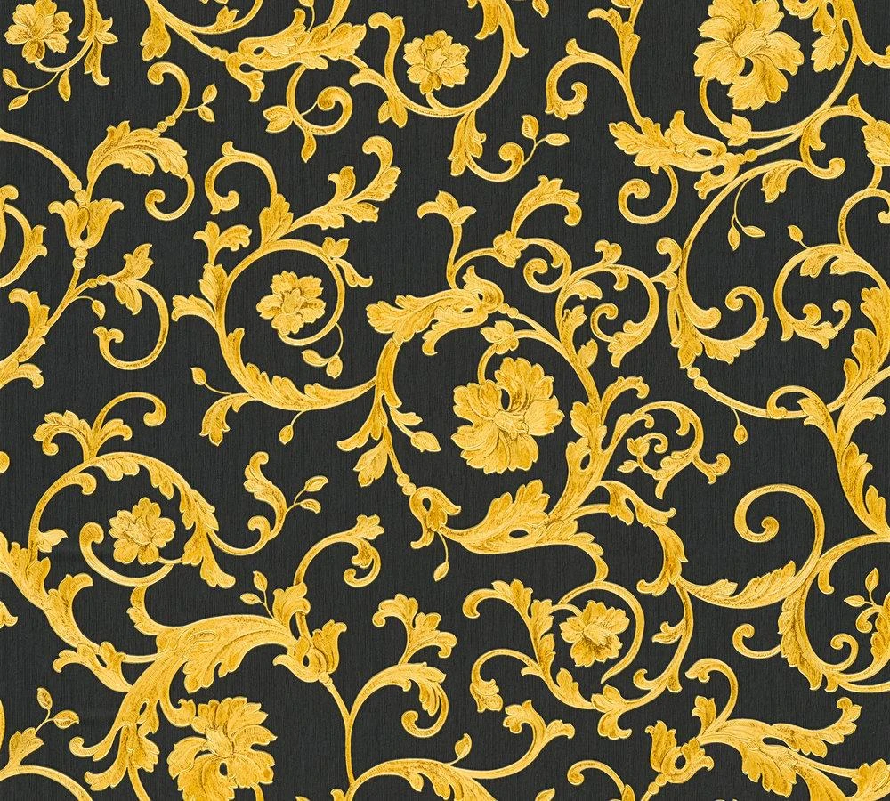 Versace Home Tapete Floral Schwarz Gelb-gold Glitzer 34326-2 1 Versace Home Tapete Floral Schwarz Gelb-gold Glitzer 34326-2