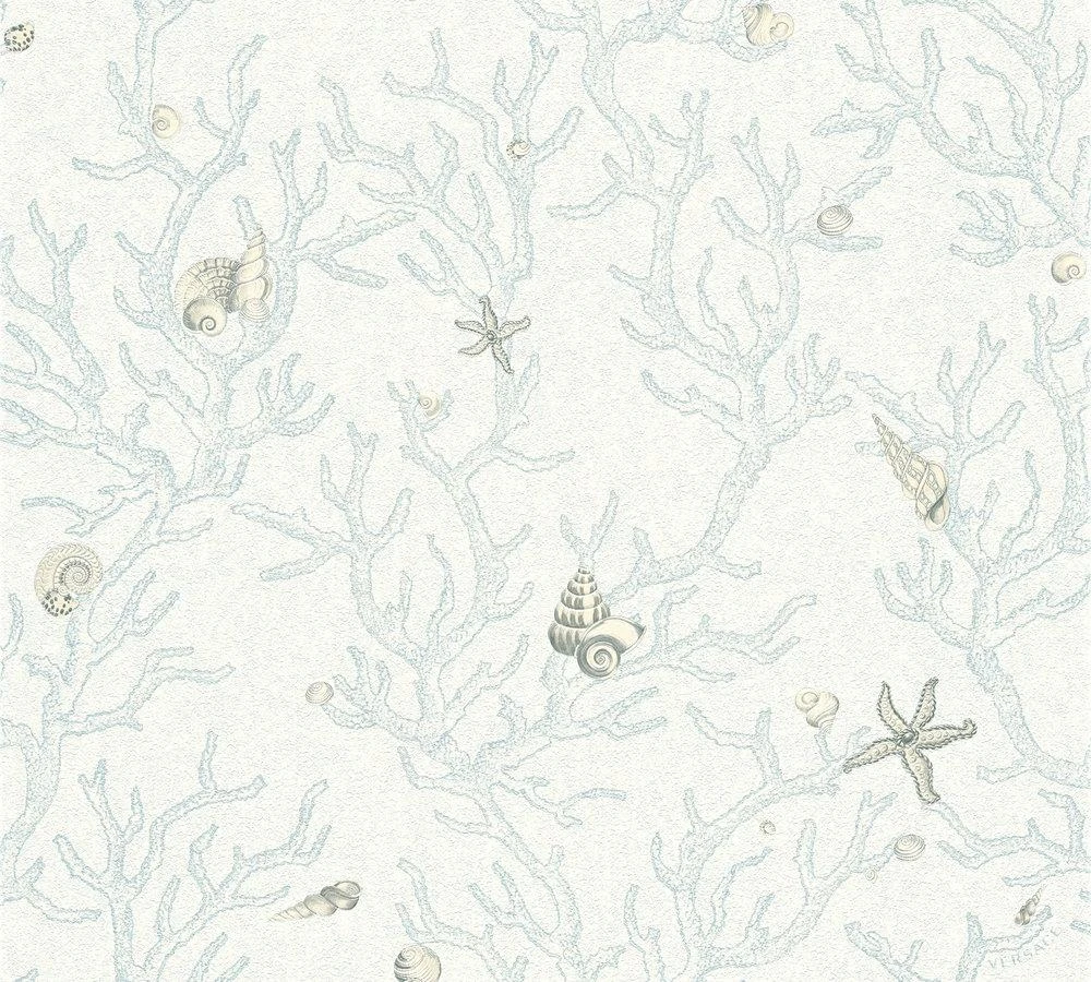 Versace Home Tapete Korallen Muscheln Blau Weiß 34496-3 1 Versace Home Tapete Korallen Muscheln Blau Weiß 34496-3