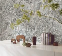 Tapete Vlies Floral Blätter Dschungel Grau-blau 33306