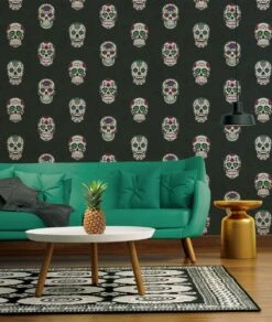 A.S. Creation Kindertapete Suga Skull Floral Schwarz Grün Glanz 35817-3 -A.S. Creation Verkaufsgeschäft Tapete Vlies Totenschaedel Sugar Skull schwarz b 2