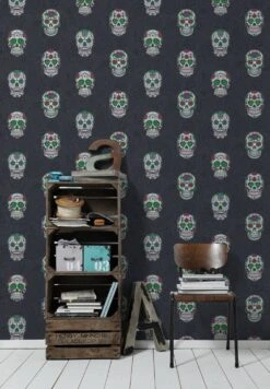 A.S. Creation Kindertapete Suga Skull Floral Schwarz Grün Glanz 35817-3 -A.S. Creation Verkaufsgeschäft Tapete Vlies Totenschaedel Sugar Skull schwarz b 4